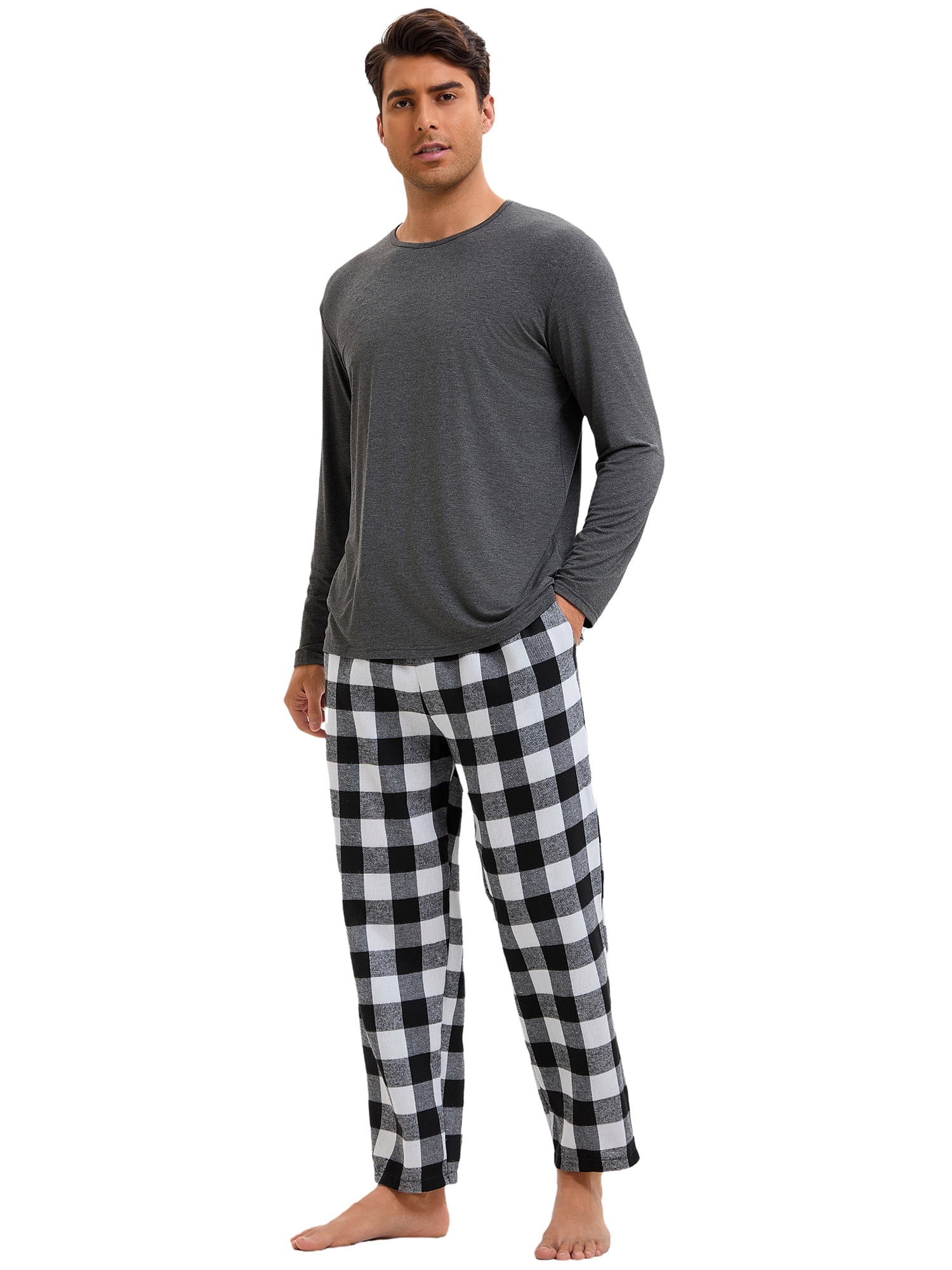 DARING DIVA Men's 2-Piece Long Sleeve Solid Nightwear Plaid Pants Set XL Black White
