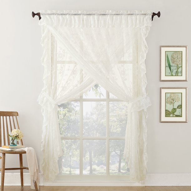 No. 918 Quinn Ruffled Floral Lace Sheer Rod Pocket 5piece Curtain Set, Ivory, 58x63