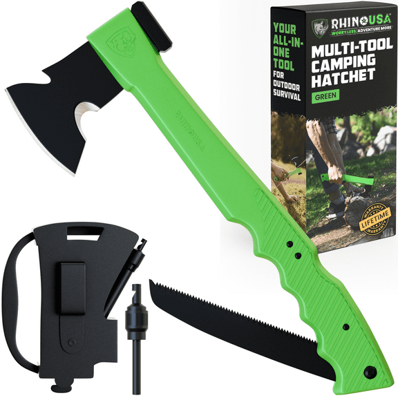 Rhino USA Camping Hatchet With Integrated Folding Saw and Fire Starter - Essential Camping Gear For Survial, Hiking or Hunting