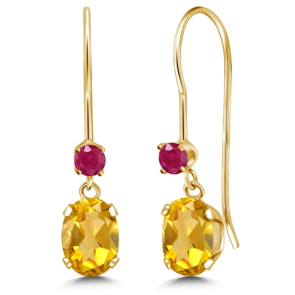 Gem Stone King 14K Yellow Gold Yellow Citrine and Red Ruby French Wire Dangle Earrings for Women | 1.04 Cttw | Gemstone November Birthstone | Oval 6X4MM and Round 2.5MM