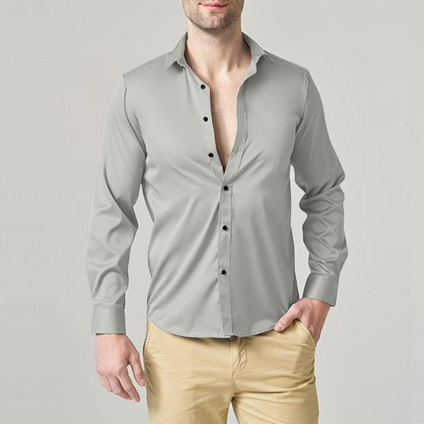 Blusa y camisa de manga larga con cuello vuelto para hombre, informal, con botones, lisa, de manga larga, transpirable, de poliéster