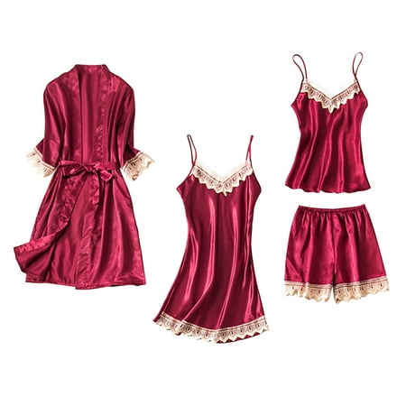 Honeeladyy Womens Satin Pajama Set Ladies 4 Pieces Sleepwear with Soft Sleeveless Camisole Shorts Camisole Nightgown and Robe Loungewear Set Thanksgiving Gift Wine XXL