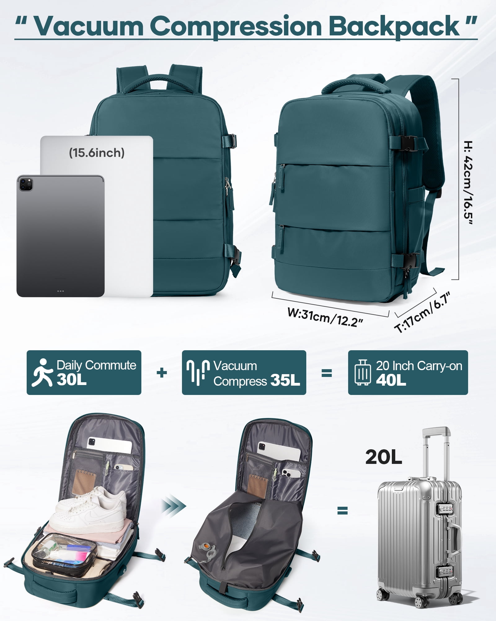 Vacuum Backpack for Travel, Vacuum Seal Carry on Backpack with Vacuum Compression, Vacuum Travel Backpack with Pump for Women Men Airline Approved Air Backpack Vacpack for Work College Daypack Blue