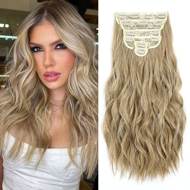 Fliace Extensiones de cabello con clip, 6 piezas de cabello natural y suave y mezclas bien extensiones de cabello postizos largos ondulados (20 pulgadas, 6 piezas de rubio sucio mixto)