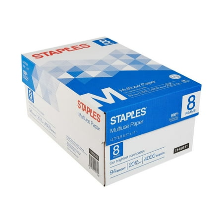 Staples 8.5  x 11  Multipurpose Paper 20 lbs. 94 Brightness 500/RM 8 RM/CT 1149611
