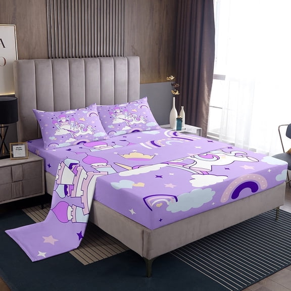 Erosebridal Unicorn Castle Sheet Set Twin,Stars Rainbow Bedding Sets Twin Size,Cartoon Animal Twin Sheet Sets,Lightweight Kawaii Bedroom Decoration,3pcs