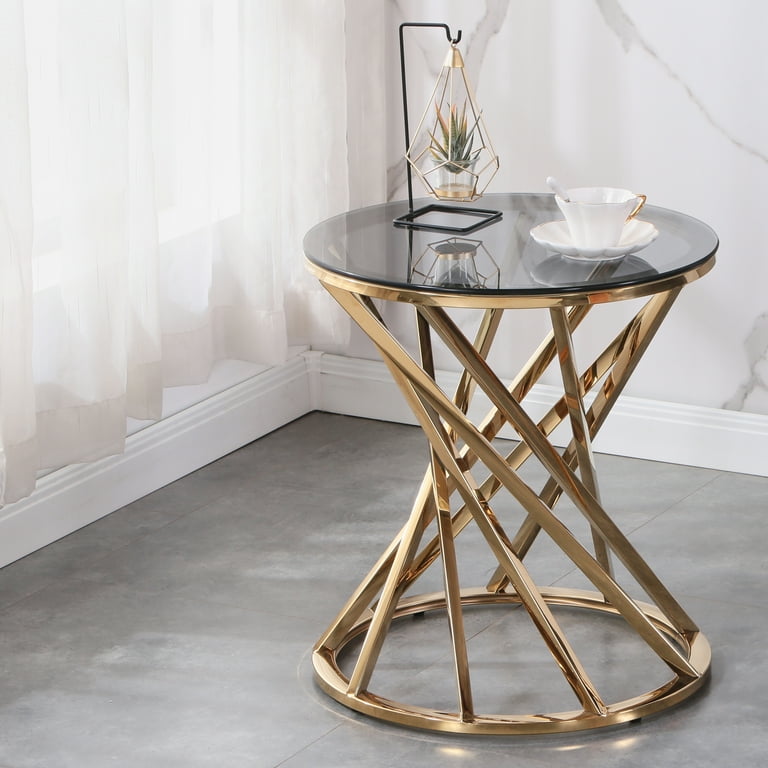 Set of 1 Round Glass Top Side Table for Living Room Black Grey