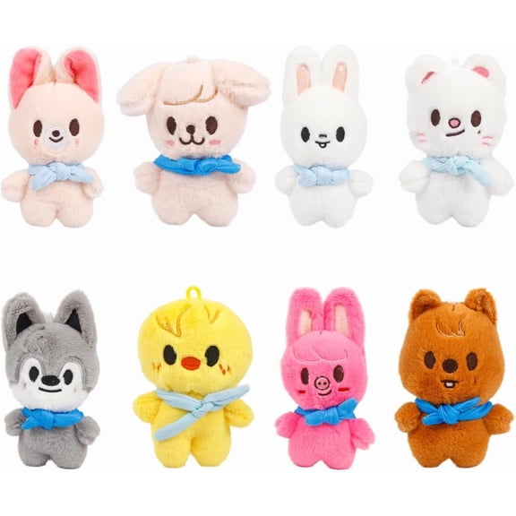 8 Pack 10cm SKZOO Plush Keychain Set with Goggles and Scarves - Cute Animal Stuffed Toys for Bags, Keys, Collection