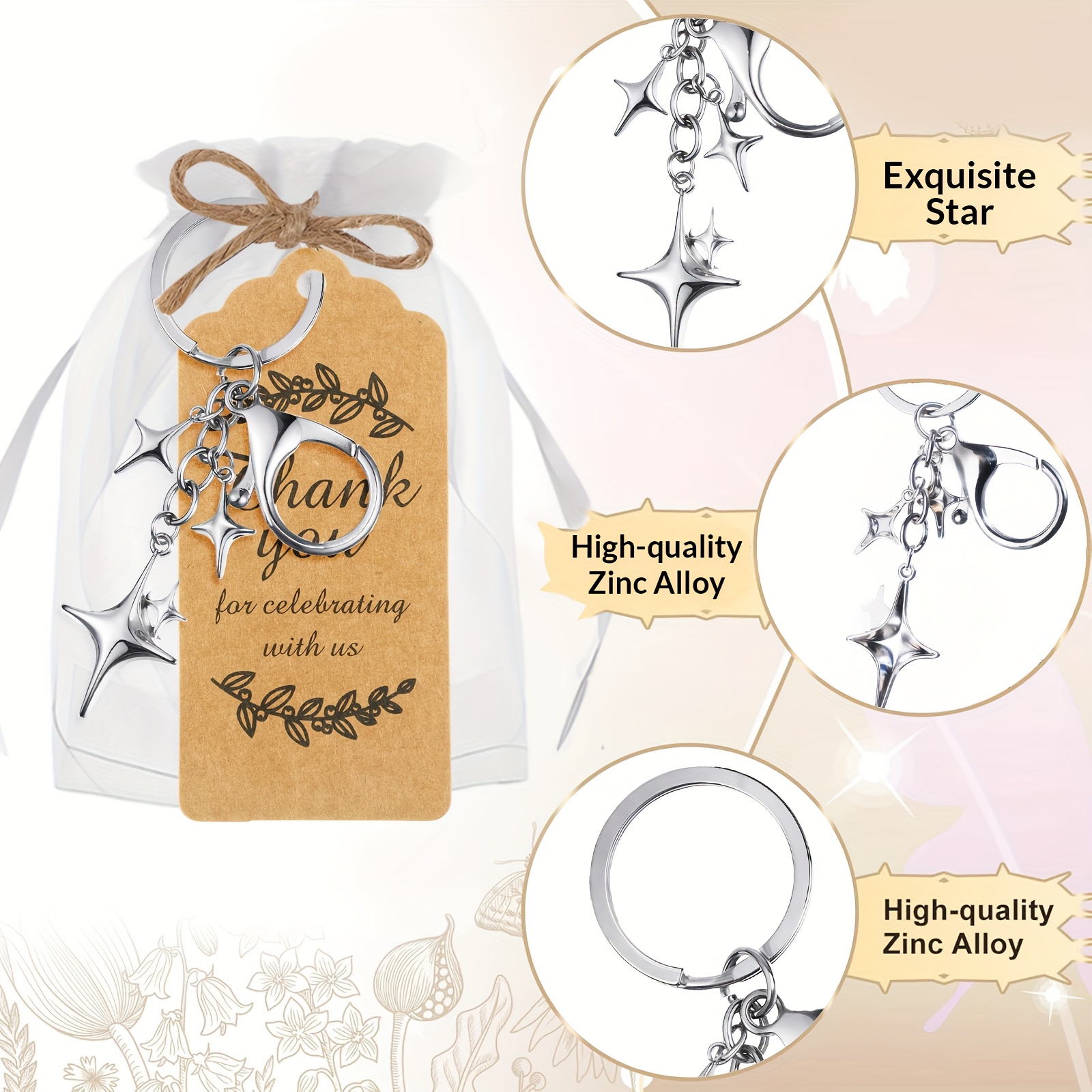 20 Set Christmas & New Year Party Favor Set, Silver Star Keychains with Thank You Tags & Organza Bags, Charm Aesthetic, Holiday Guest Souvenir & Gifts for Baptism, Wedding, Birthday Party, Guest Gift