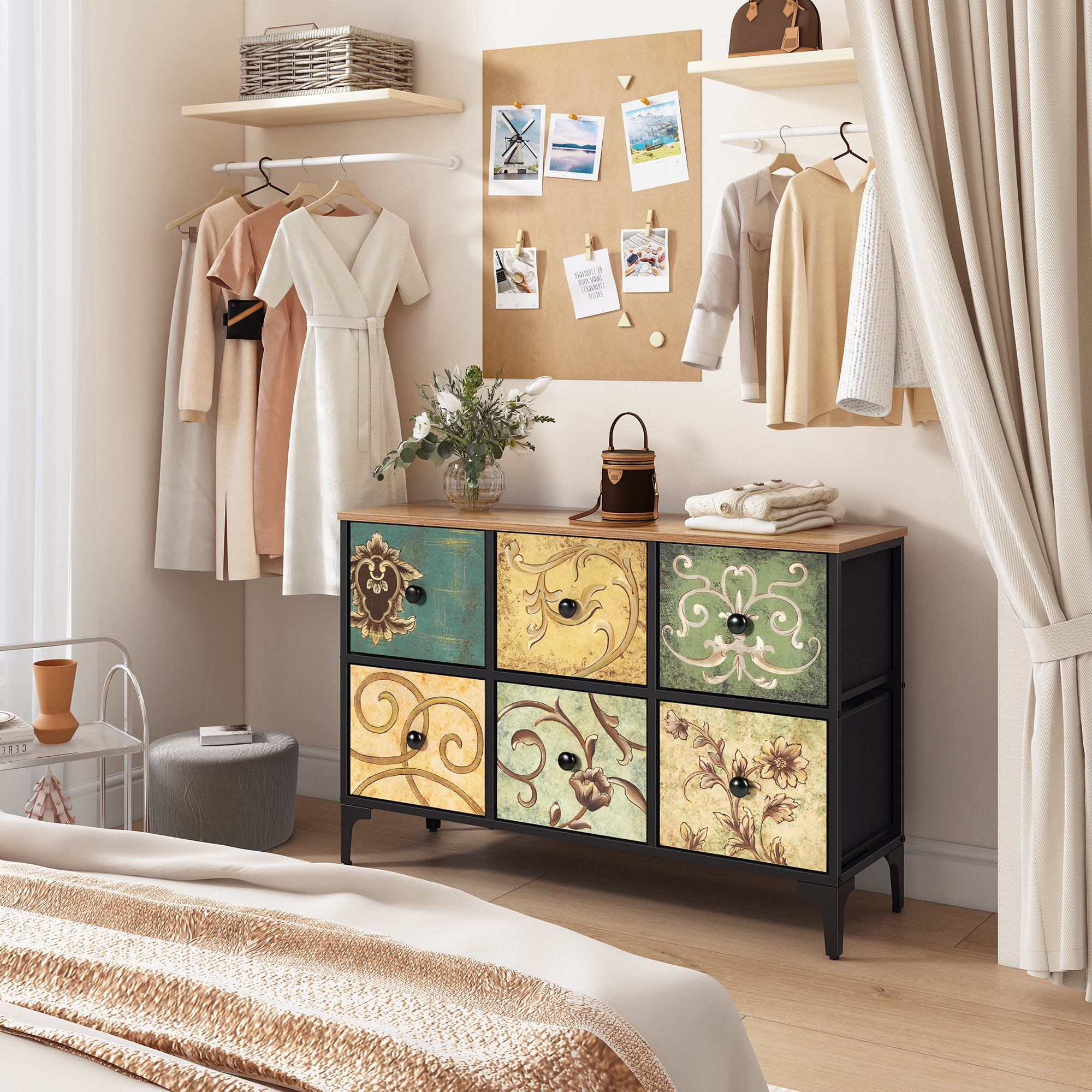 Dresser TV Stand for Bedroom, Wide Dresser with 6 Drawers, Console Table Chest of Drawers Fabric Dressers for Kids, Living Room, Closet, Entryway,Sturdy Steel Frame and Wooden Top