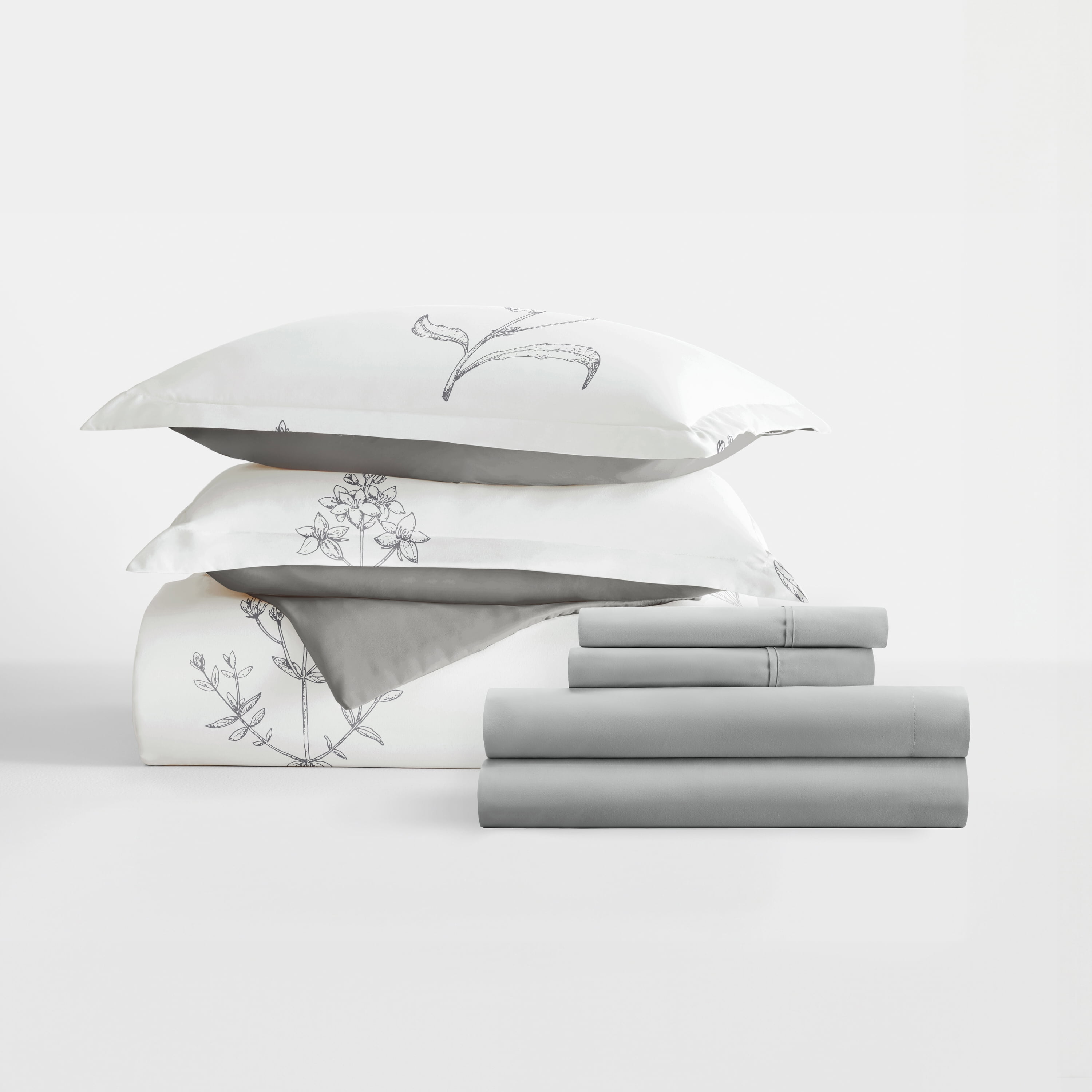8PC Bedding Bundle - Patterned Duvet Cover Set White Comforter and Solid Sheet Set in Botany Floral