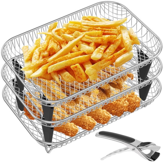 Qenwkxz 12pcs Air Fryer Accessories 3 Layer Stacking Air Fryer Grill Rack Stainless Steel Dehydrator Rack Rectangular with 8 Silicone Feet 1 Anti-Scald Clip for Double Basket Air Fryer Oven