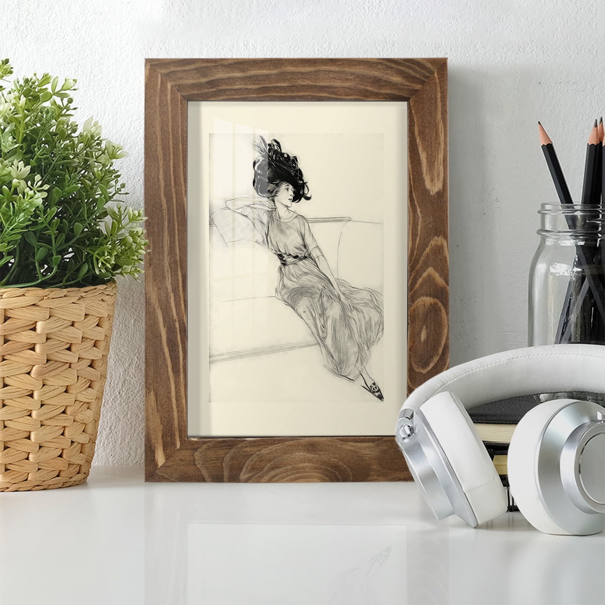 Feather Hat I -Framed Print w/glass-Walnut
