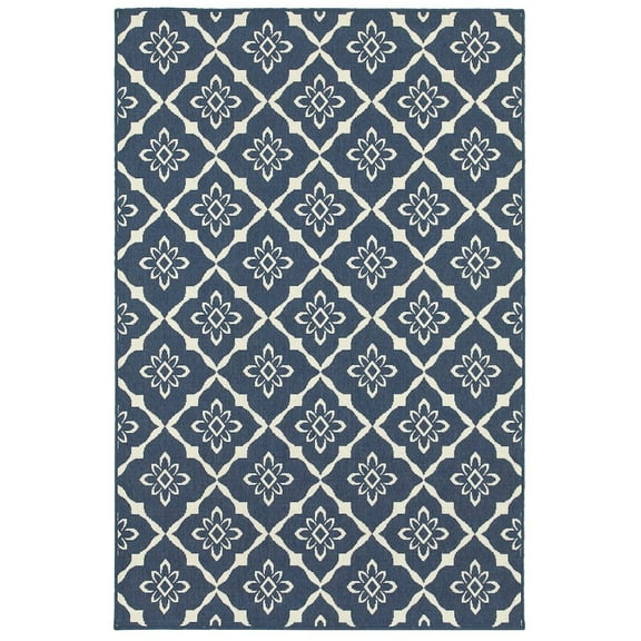 Oriental Weavers Meridian Indoor/Outdoor Rug - 5703B - 8'6" x 13' - in Navy/ Ivory - Moroccan Style, Water, Stain and Fade Resistant, Hose Clean, Patio, Outdoor Living Area Rug