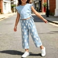 thumbnail image 5 of Girls 2PC Outfits Crop Ruffle Sleeve Ruched Side T-Shirts Rainbow Plaid Wide Leg Pants Sets Sky Blue 2-3 Years, 5 of 7