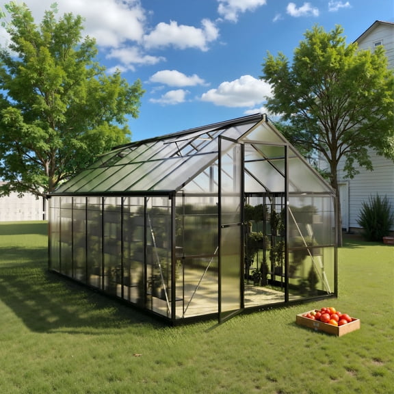 EASYHAWK 8x14 ft Outdoor Greenhouse with Steel Frame – Polycarbonate Walk-in Green House for Garden/Backyard, Quick Setup, Roof Vent, Black