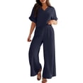 thumbnail image 1 of Conjunto de verano de 2 piezas para mujer: top corto de manga corta con cuello en V + pantalones anchos, poliéster/spandex, estampado, 1 of 8