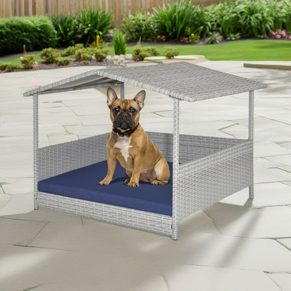 Pefilos 38" Pet Dog Bed Furniture with Provide Pet Mat, Outdoor PE Wicker Dog House for Cat and Dog with Waterproof Roof Kennel, Gray Blue