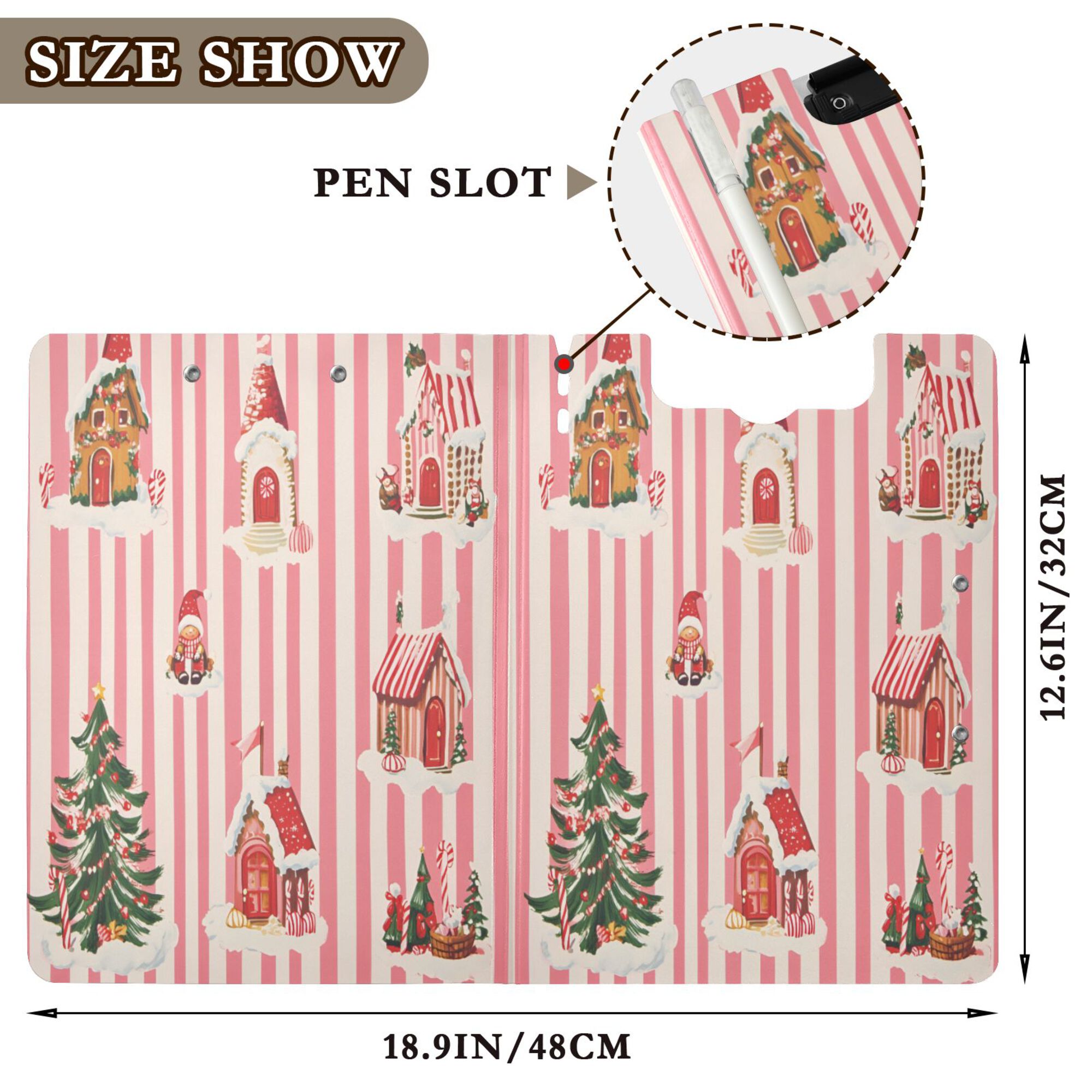 FORMRS A4 Clipboard Folder with Pen Holder Horizontal Foldable School Office Binder, White Gingerbread Houses