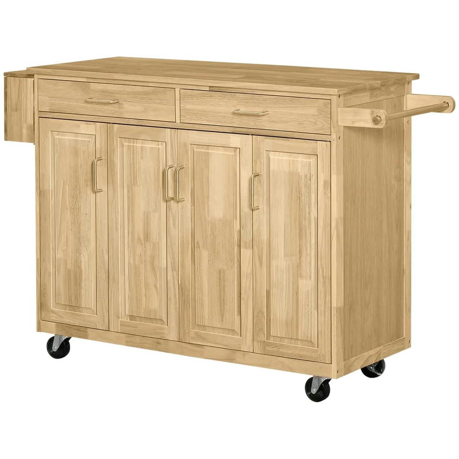 Demi Bonn 50" Rolling Kitchen Island, Natural Hardwood Cart with Drawers & Cabinets, Dining Room Microwave Cart, Wide Storage, Beige