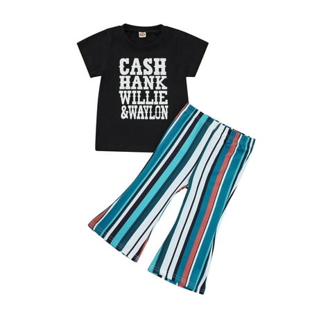 

Sunisery Newborn Baby Short Sleeve Tops Long Flared Pants Letter Vertical Stripe Trousers Summer Clothes Black 5-6 Years