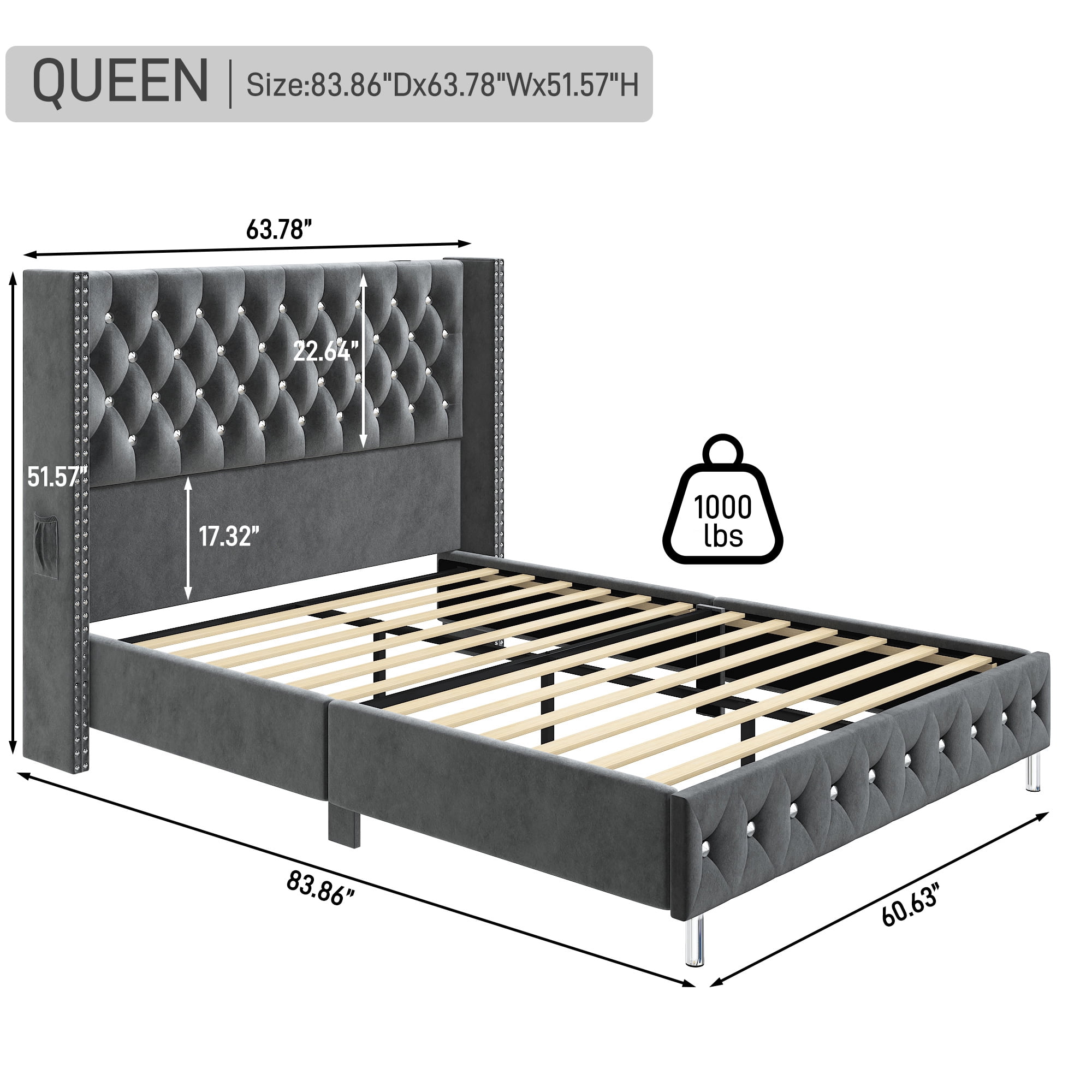 Blotout Queen LED Upholstered Bed Frame with Wingback Headboard, Velvet Diamond Button Tufted Bed Frame USB & Type-C Ports and Side Pockets, Wood Slats Support, No Box Spring Needed