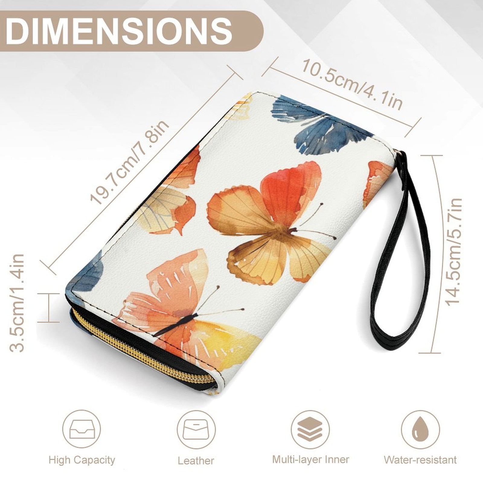 Womens Wallet Bifold Ladies Cluth Bag Wristlet Wrist Strap Long Purse Butterfly Design