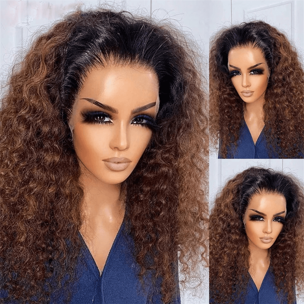 26 Inch Kinky Curly Glueless Ombre Brown Synthetic Hair 180%Density|Lace Front Wig | Preplucked Baby Hair & Heat Resistant | Daily Wig for Women)
