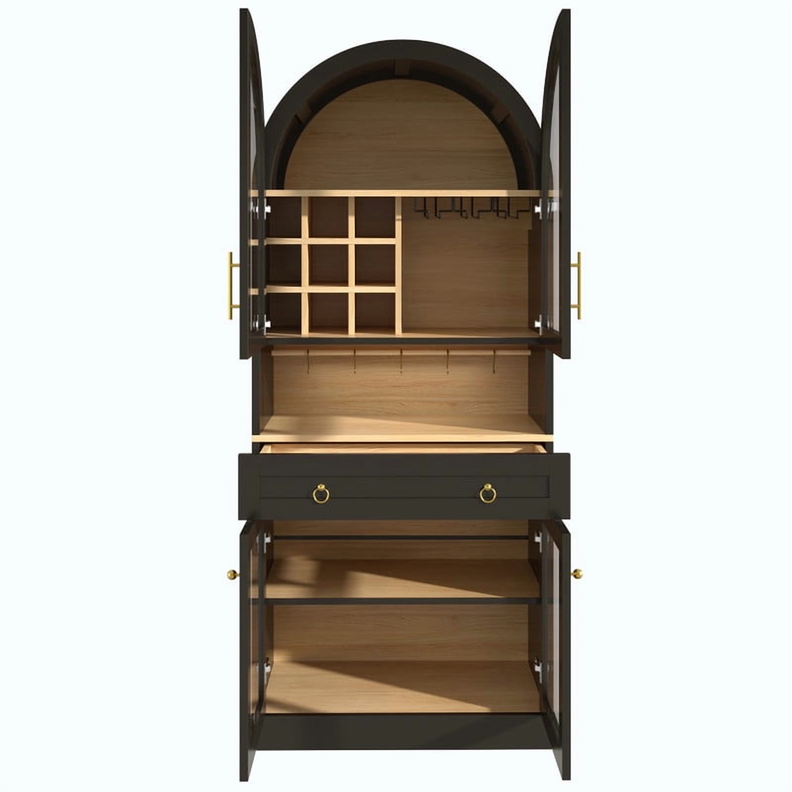 Mid-Century Bar Cabinet with Tempered Glass Doors & Drawer, Home Coffee Storage Cabinet with Hooks, Wine Racks & Glass Holders