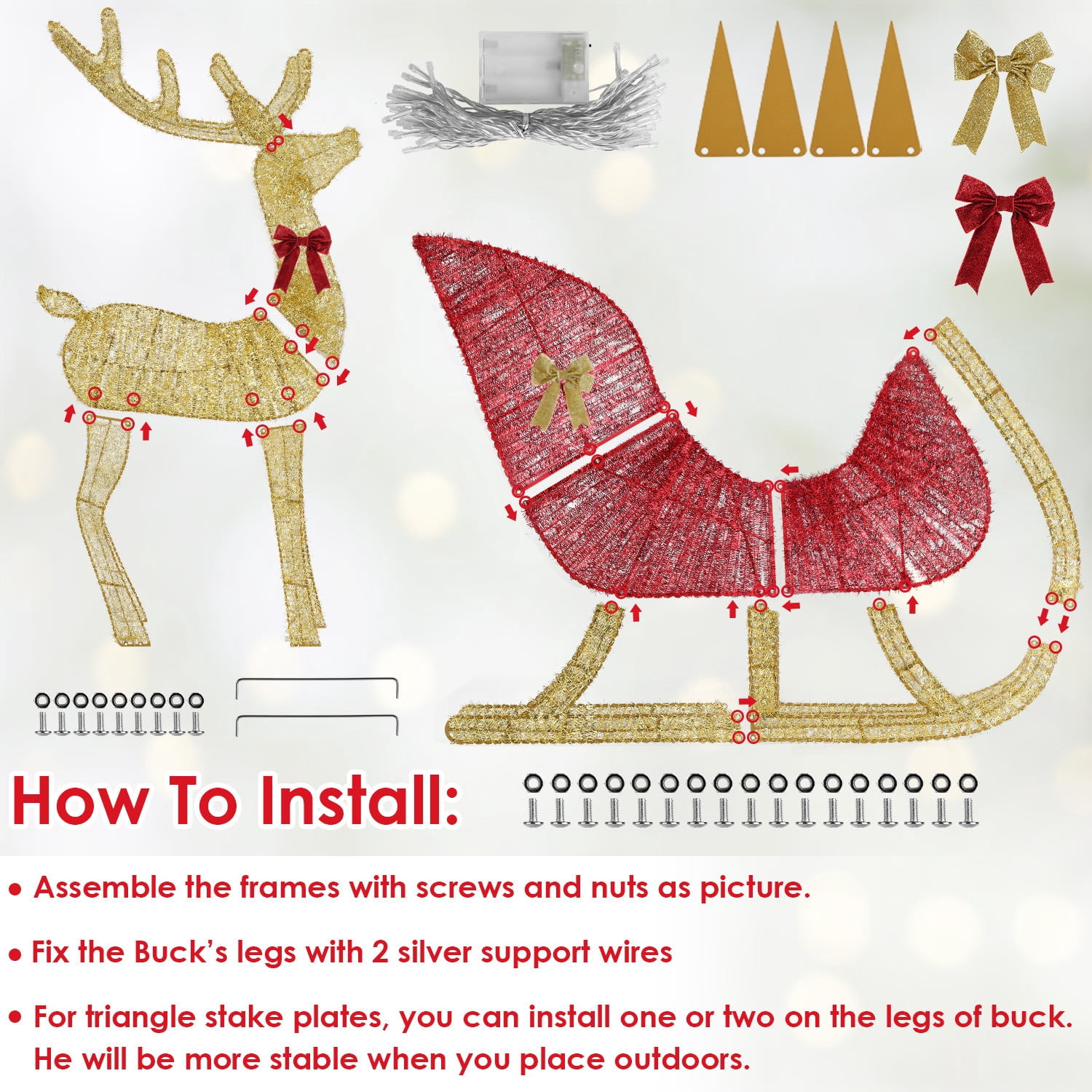 Astoutdoor Lighted Christmas Reindeer & Sleigh, 8 Modes, Warm Yellow LED, Iron & Stainless Steel, Indoor Outdoor, 16.93 x 12.99 x 1.97 in