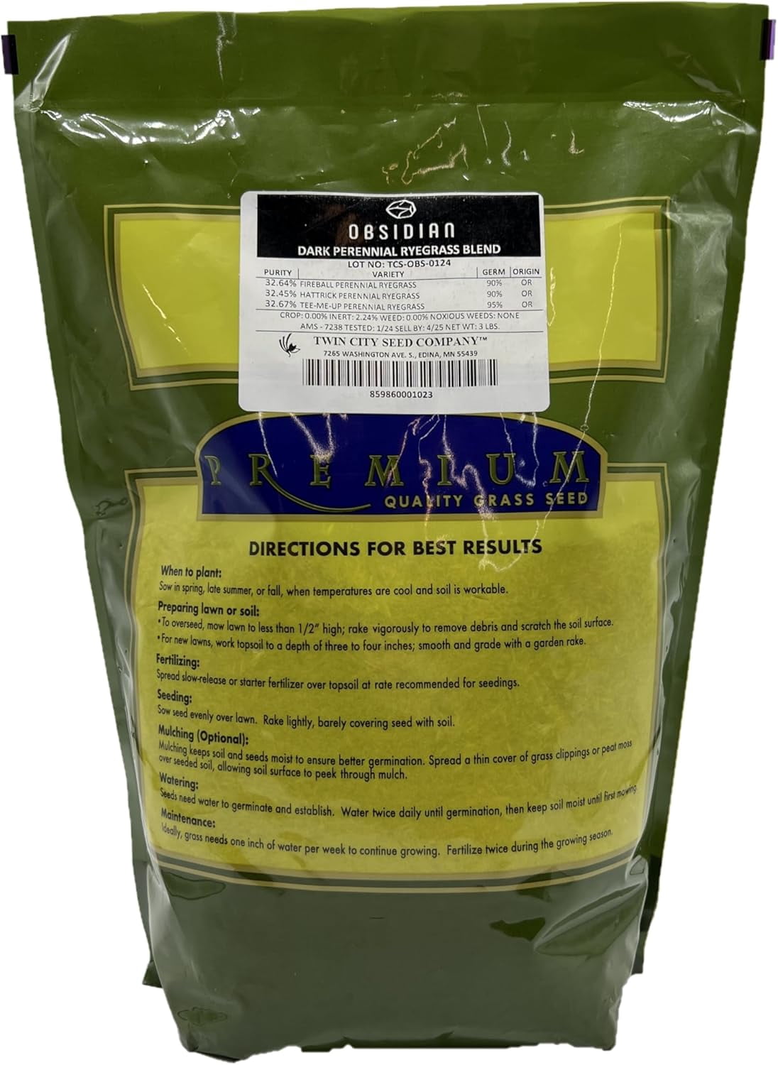 Twin City Seed Co. Obsidian, Perennial Ryegrass Blend, 3 lb Bag
