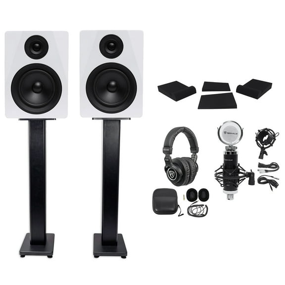 (2) Rockville DPM5W 5.25" 300w Dual Active Studio Monitors Stands Headphones Mic
