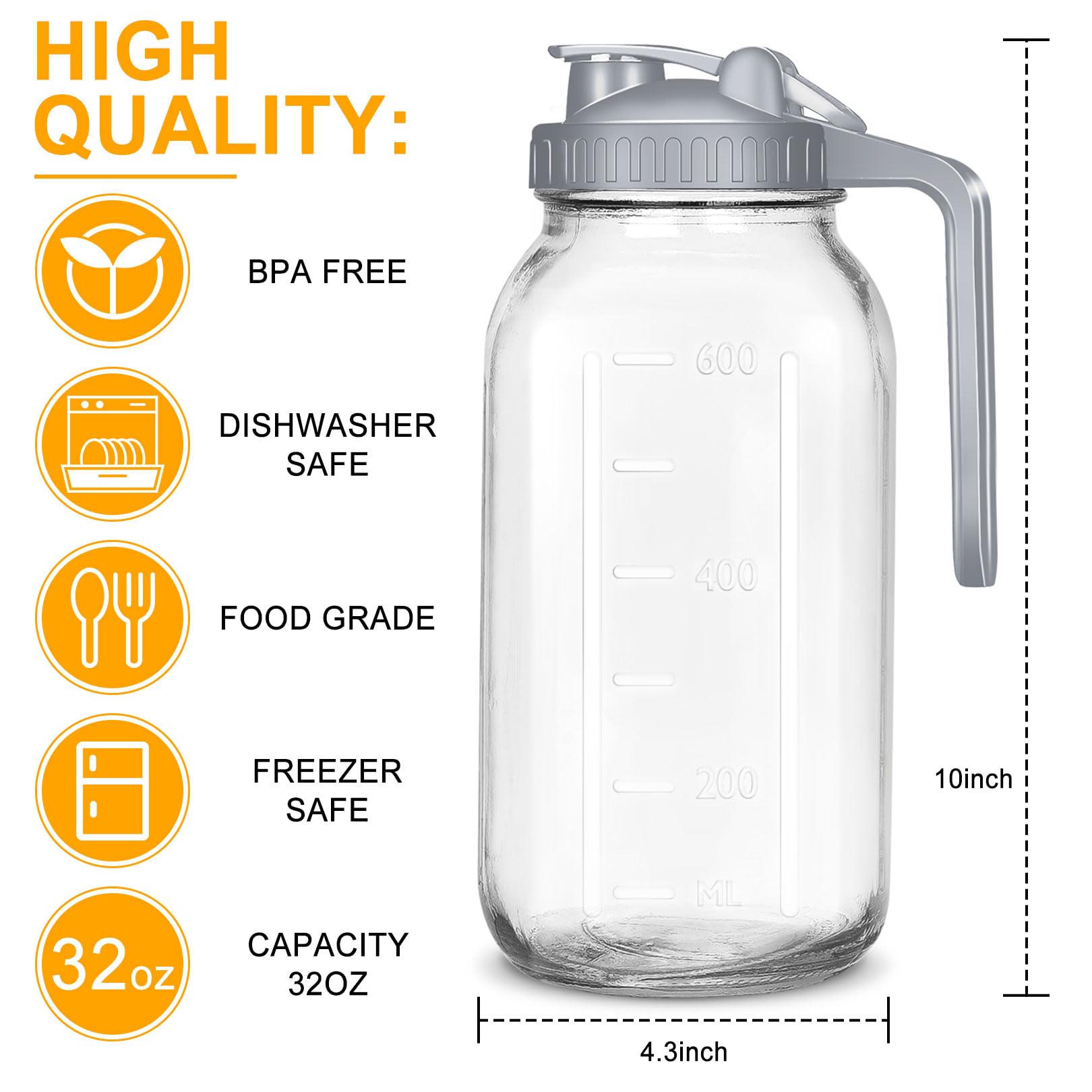 3 Pack 64 OZ Mason Jars with Lid, Glass Pitcher Double Leak Proof with Pour Spout Handle, 2 Quart Wide Mouth Breast Milk Pitcher for Fridge, Creamer Container for Coffee, Sun Tea, Juice（grey）