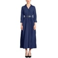 thumbnail image 1 of Vestido Maxi con Pliegues de Manga 3/4 para Mujer Chic INSPIRE, Cuello en V, Cinturón, Talla XS, Azul Oscuro, 1 of 6