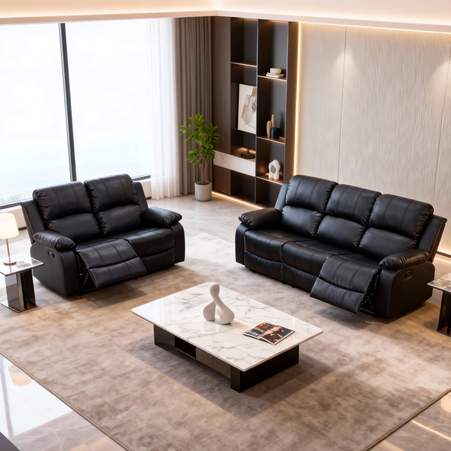 Gewnee Black 2-Piece Living Room Air Leather Recliner Sofa Set
