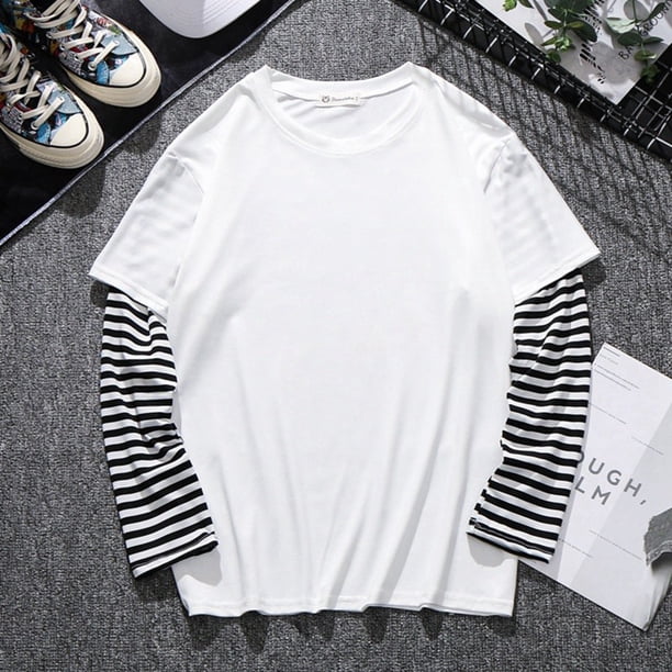 Moda hombres mujeres manga larga cuello redondo falso dos camiseta 2 colores liso negro y blancopangjing