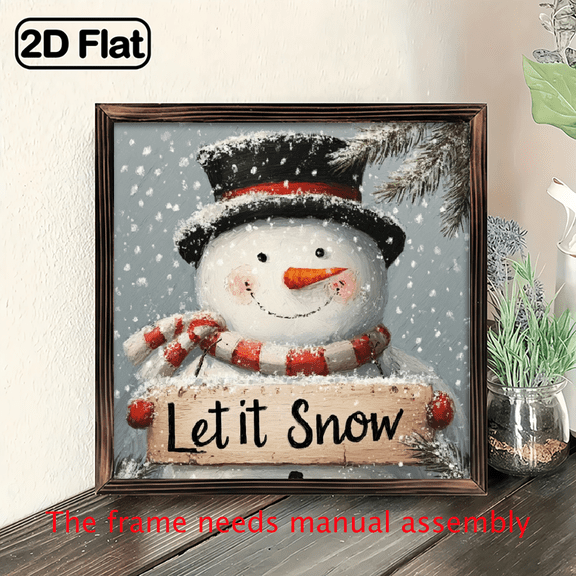 2D Flat, 1pc Rustic Farmhouse Christmas Snowman Let It Snow Wall Decor - with Top Hat - Dark blue red color scheme - Recycled Wood Sign - Easy Hang Pre-Drilled Holes - Farmhouse Holiday Decoration