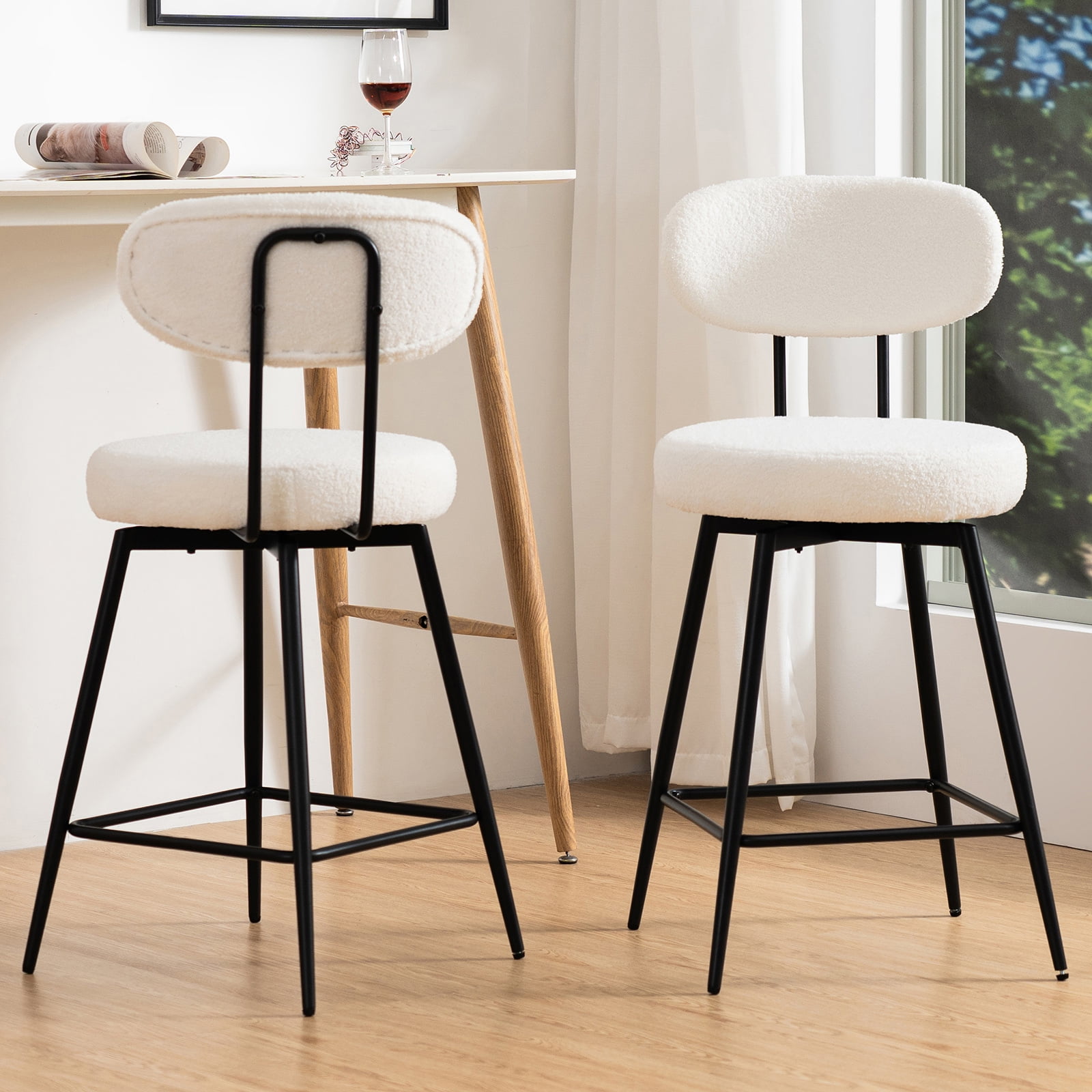Hommpa 26" Swivel Bar Stools Set of 2 with Back Upholstered Counter Height Modern Boucle Bar Chairs with Metal Frame & Footrest 360° Swivel Dining Pub Chairs for Kitchen Island