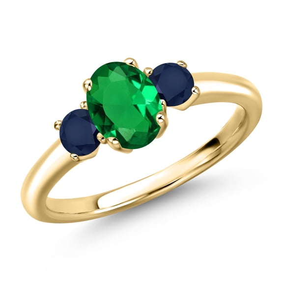 Gem Stone King 10K Yellow Gold Green Nano Emerald and Blue Sapphire Engagement Ring for Women | 1.04 Cttw | Oval 7X5MM | Gemstone May Birthstone | Size 9