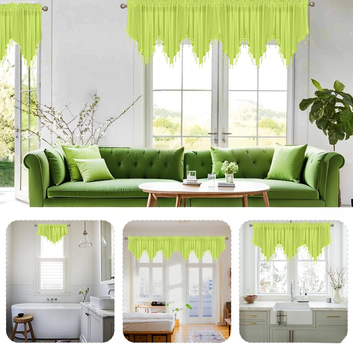 Kiibsot 3-Pack Halloween Beaded Sheer Valance Curtains for Windows, Triangle Sheer Voile Kitchen Swag Curtain Valances Boho Bead Tassels Window Valances for Bedroom Living Room, Each 51 x 24 Inch