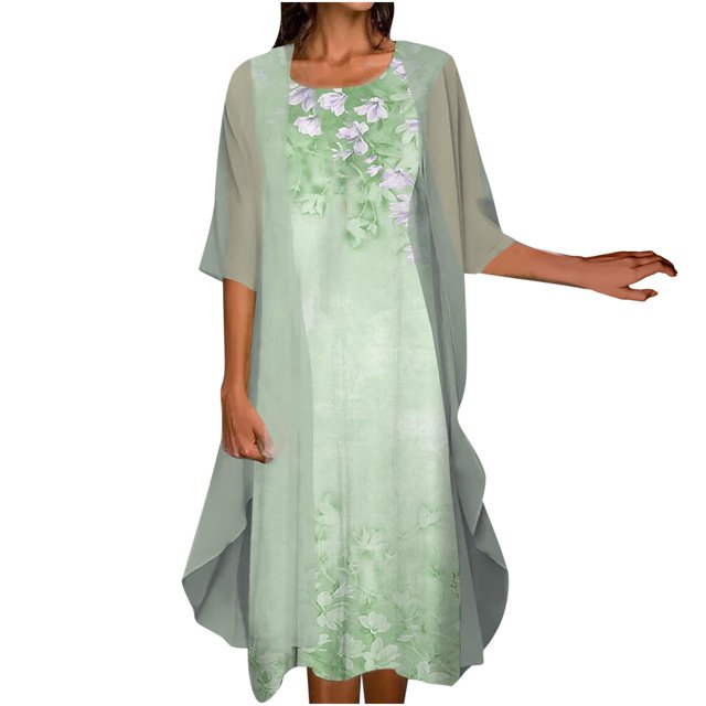 EQWLJWE Robes d'Été pour Femmes 2023 Printemps, Été Imprimé Floral Décontracté Col Rond Sans Manches Robe en Chiffon Solide Ensemble Deux Pièces Robes Maxi pour Femmes 2023