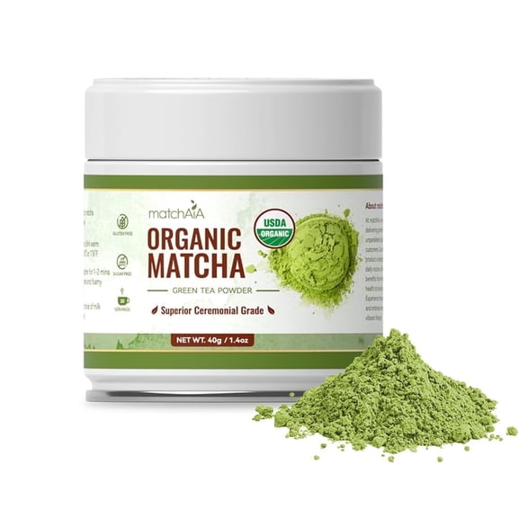 MatchAiA USDA-Certified Organic Matcha, Ceremonial Grade, 100% Pure Green Tea Powder, Superior First Spring Harvest, Sugar Free, Gluten Free (40g / 1.4oz Tin Can)