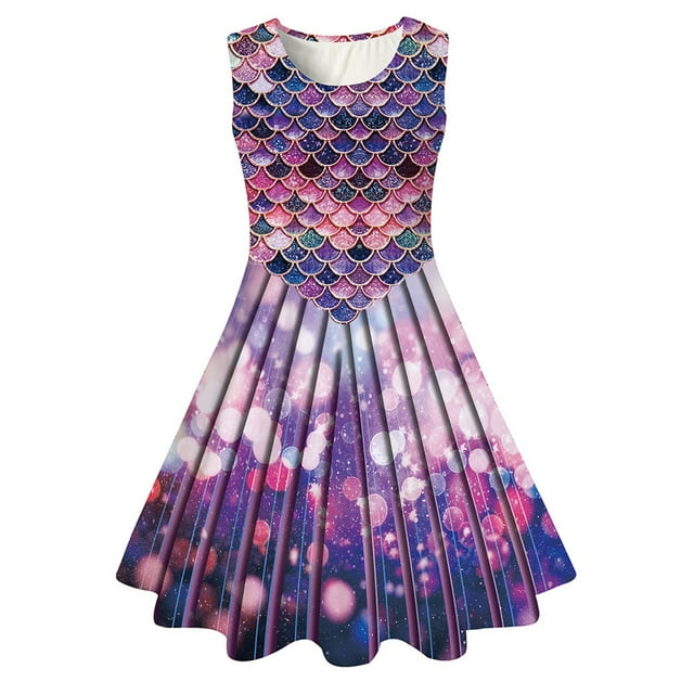 Robe Fille Petite Fille Été Sans Manches Tenue Quotidienne Fêtes Robe Fille Taille 6-7T