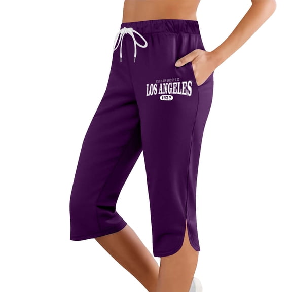 Bibifish Womens Graphic Capri Joggers "California " Print Elastic Waist Knee Length Side Slit Relaxed Fit Casual City Strolls Nostalgic Capri Joggers