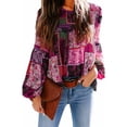 thumbnail image 1 of Camisa de manga larga Mujer Blusa de manga abullonada con estampado bohemio Top, M, Rosa roja Eigraketly AP000088-07B, 1 of 5