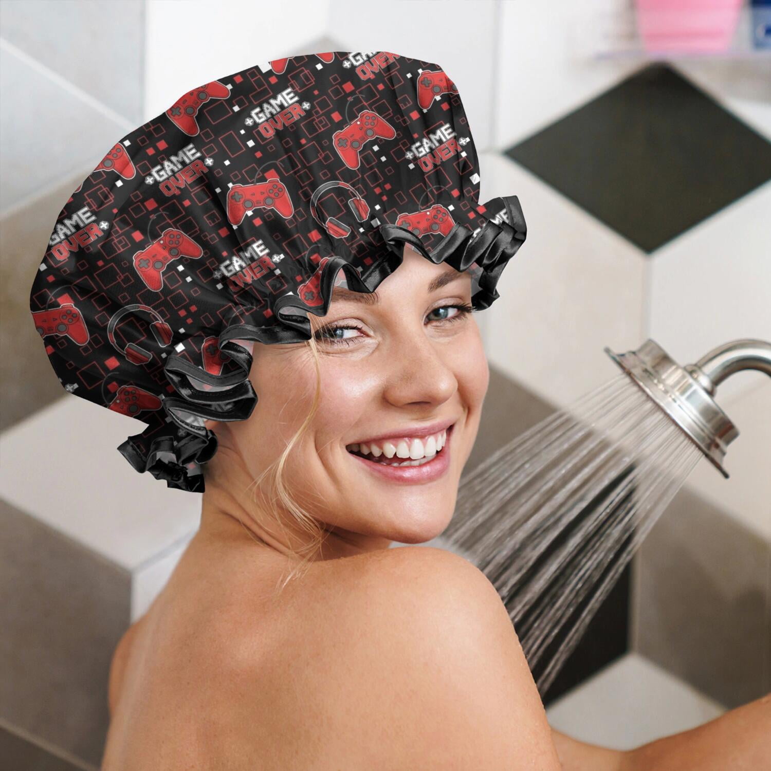 Shower Caps,Red Controllers Games Icons Black Pattern Waterproof Shower Cap for Women 4 Pieces,Double Reusable Hair Cover for Shower PEVA Elastic Stretch Hem