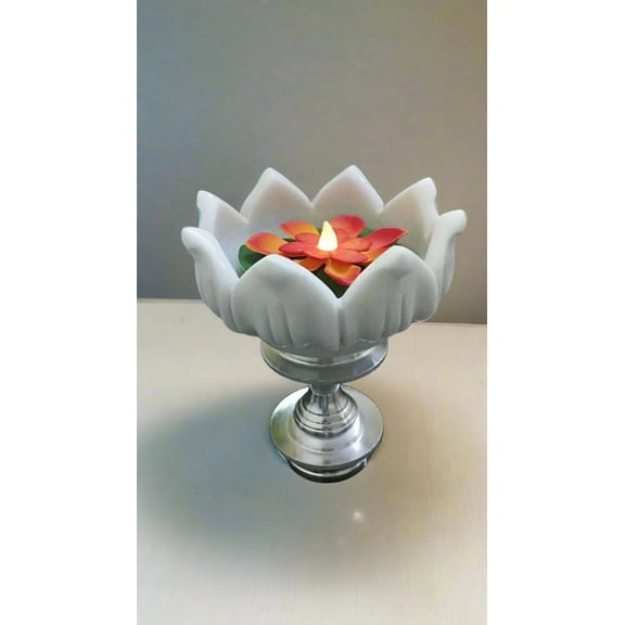 white lotus marble fruit bowl/ snacks platter/ home décor urli bowl with silver metal stand , 6"