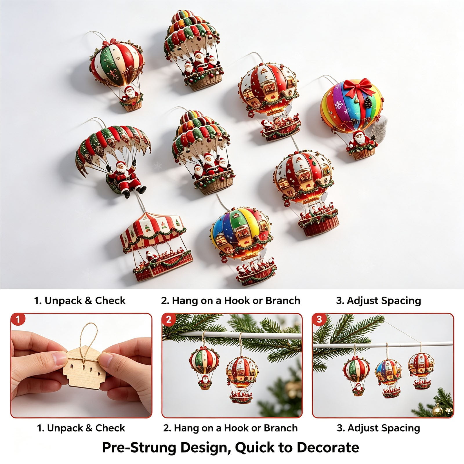 Christmas Wooden Ornaments Vintage Santa Hot Air Balloon and Parachute Hanging Decorations with Festive Printed Artwork Flat Holiday Tree Pendants for Window Door Garland and Party Display