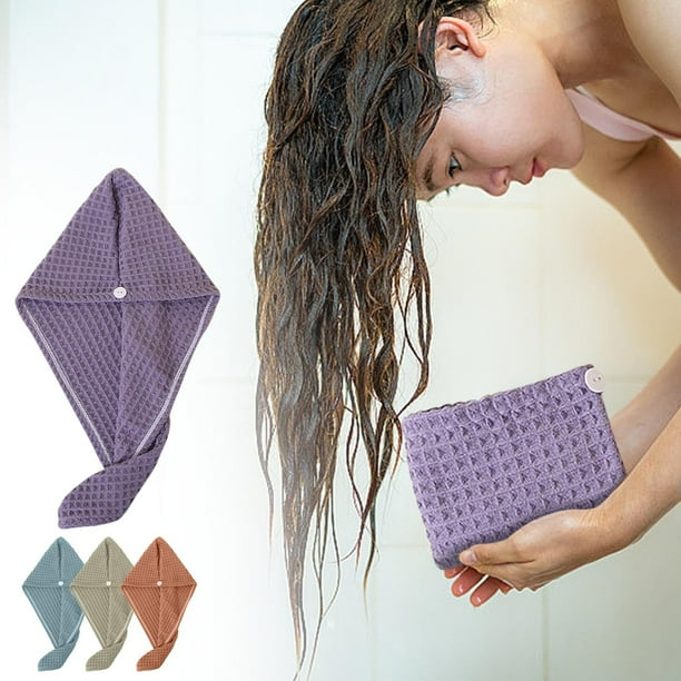 Toalla para el pelo con gorra de ducha de microfibra – terciopelo de secado rápido, denso y absorbente, cierre de botones, turbante suave para cabello largo y rizado, reduce el encrespamiento
