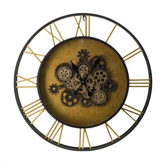 A&B Home Round Gear Wall Clock with Roman Numerals - Antique Black, Antique Gold Finish
